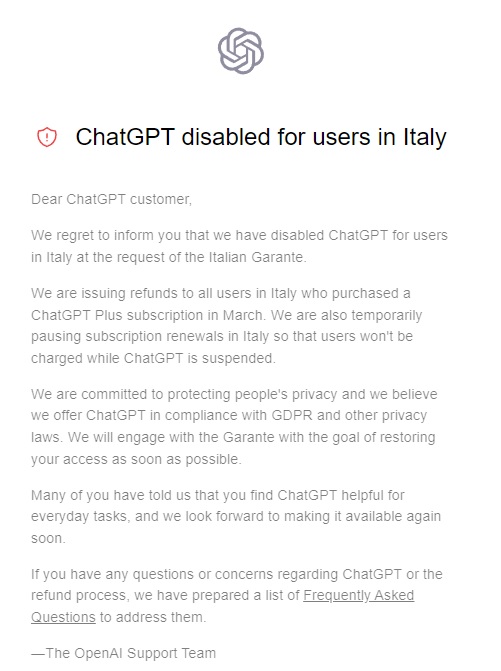 ChatGPT e Garante Privacy